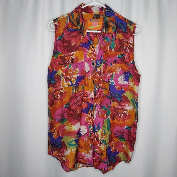 Protest Silk Top Sleeveless Multicolor Button Collar Abstract Floral Medium 90s - Picture 6 of 6